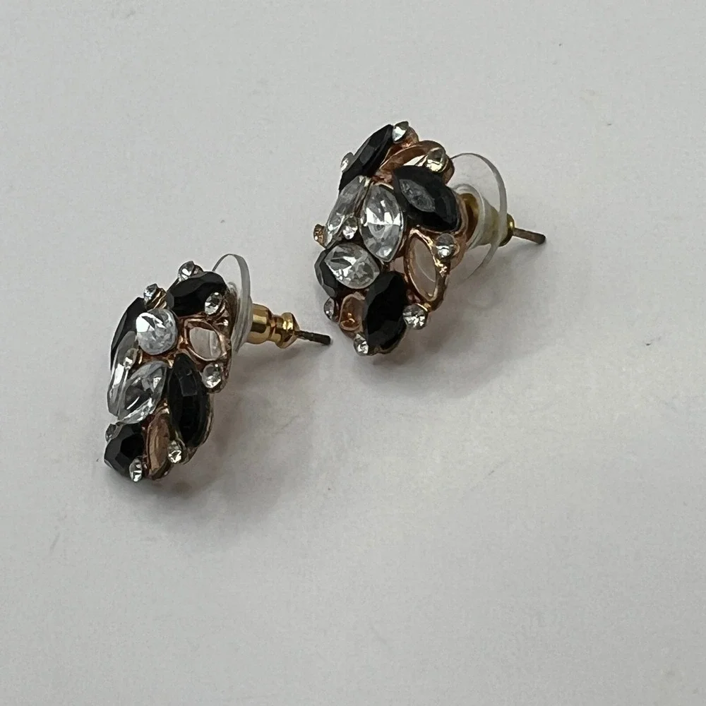 Vintage Rhinestone Pierced Earrings Black‎ Blue Clear Stones Copper Tone